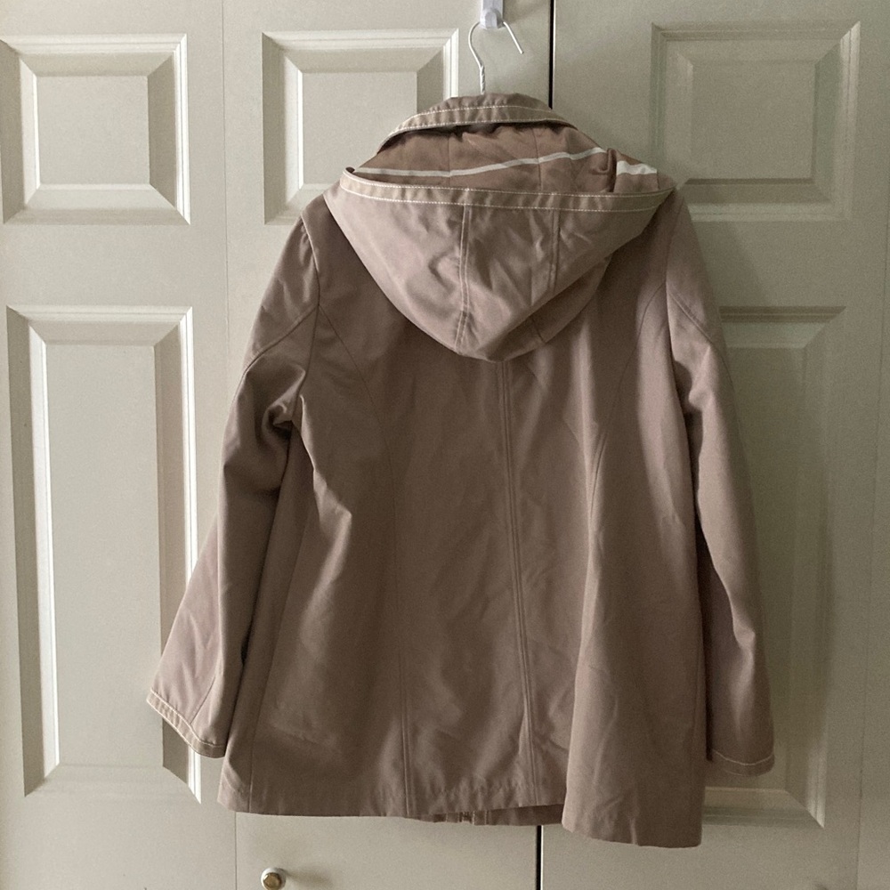 Dennis by Dennis Basso hooded womens large rain coat tan lined - Picture 2 of 12